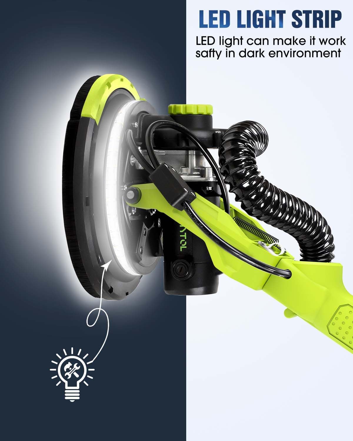 MYTOL Drywall Sander, 7.2A Electric Drywall Sander with Vacuum Dust Collection, 6 Variable Speed 900-1800RPM, LED Light, Foldable & Extendable Handle, 9 Pcs Sandpaper&3 Pcs Grid Sandpaper, Full Green