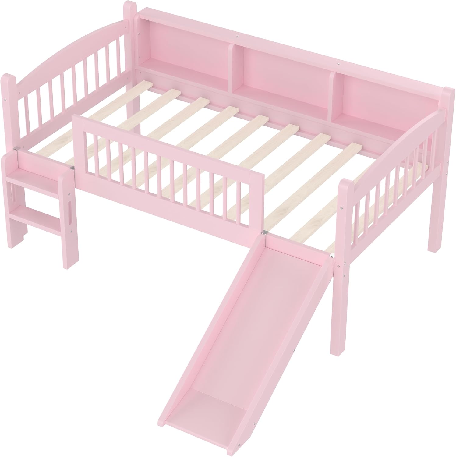 JIVOIT Twin Loft Bed with Storage Shelves, Solid Wood Lower Loft Bed with Full-Length Guardrails, Wood Slats Support, Space-Saving Design, No Box Spring Needed (Pink,Twin,51)