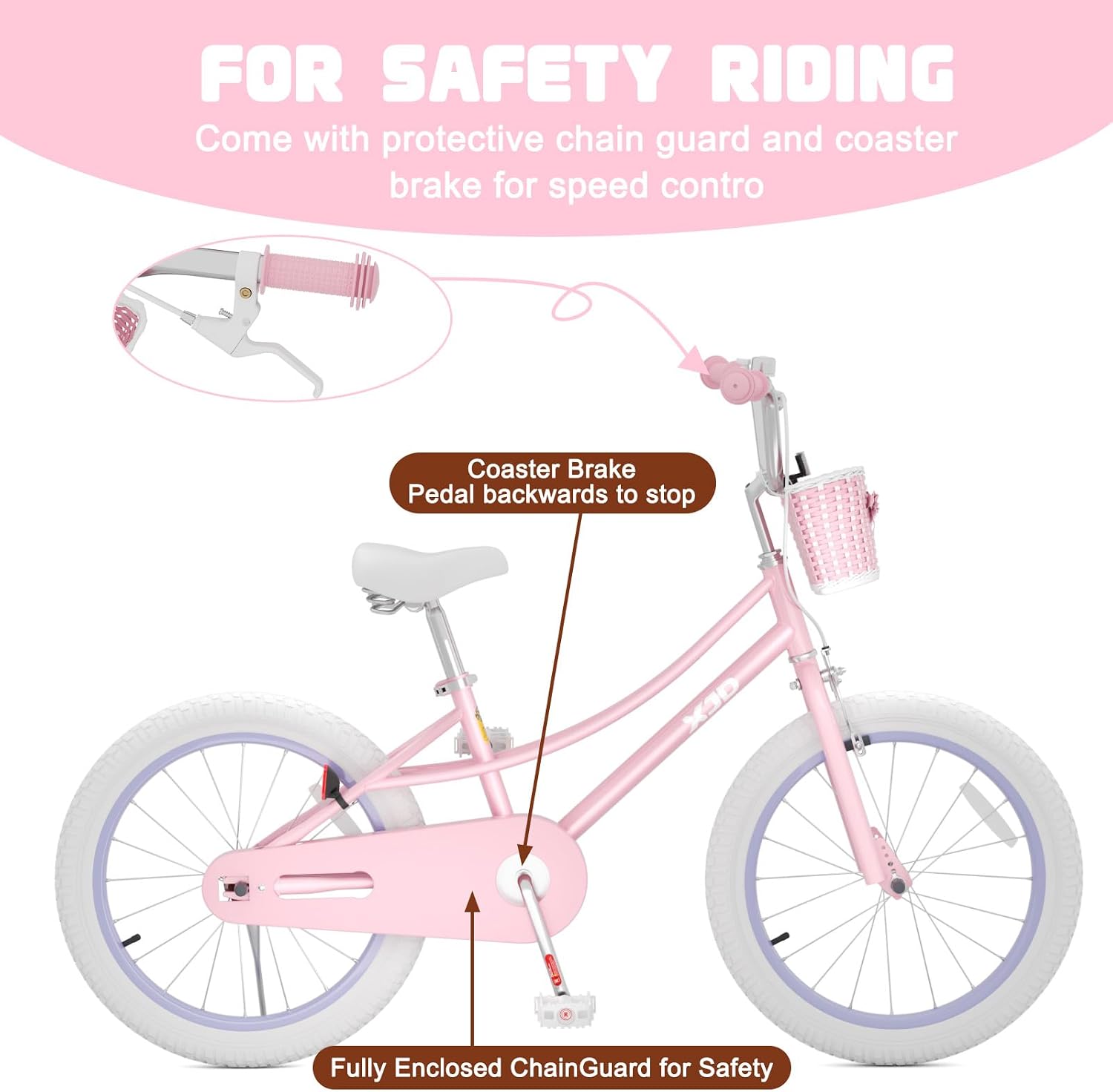 XJD Girls Bike for 3-12 Years Old Girls, 12 14 16 20 Inch Kids Bike with Training Wheels, Adjustable Seat Height, Coaster Brake, Streamers Basket