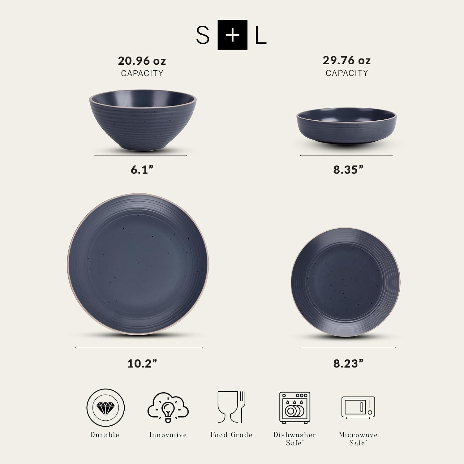 Stone Lain Lauren Stoneware, Rustic Plates and Bowls Set, Dinnerware, Service for 8, Speckled Charcoal, Dishwasher & Microwave Safe, 32-Piece