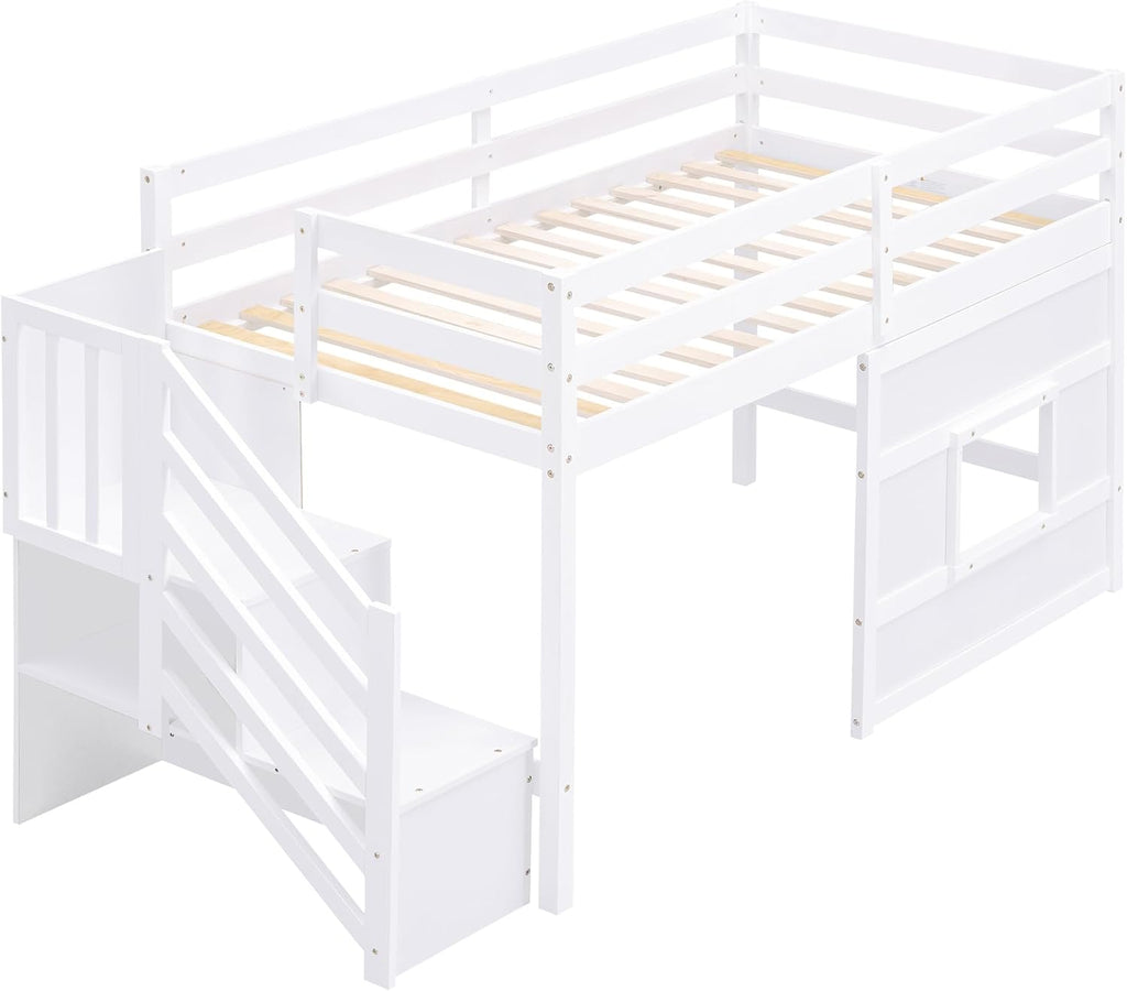 Low Loft Bed with Storage Staircase and Window, Twin Size Loft Bed with Guardrails and Wood Slats Support, Solid Wood Bed Frame, Space Saving Design, No Box Spring Need (White,Staircase+Window)