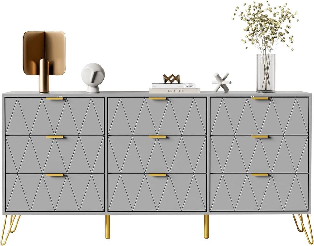 UEV Grey Dresser for Bedroom,Modern 9 Drawer Triple Dresser with Gold Accents,Long Storage Organizer for TV Stand & Closet,Large Chest of Drawers for Living
