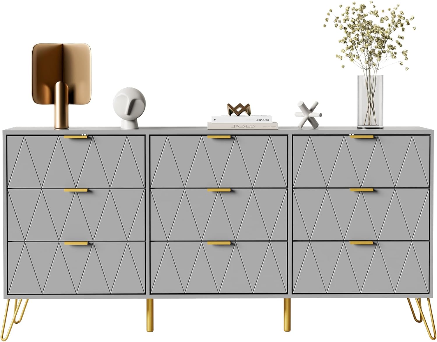 UEV Grey Dresser for Bedroom,Modern 9 Drawer Triple Dresser with Gold Accents,Long Storage Organizer for TV Stand & Closet,Large Chest of Drawers for Living