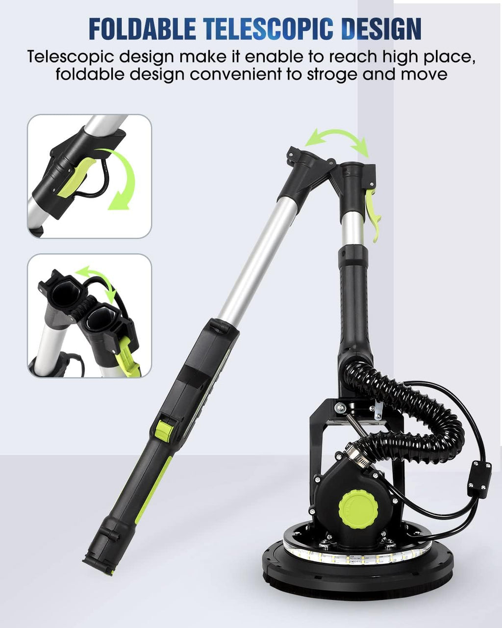 MYTOL Drywall Sander, 7.2A Electric Drywall Sander with Vacuum Dust Collection, LED Light, 6 Variable Speed Digital Display 900-1800RPM, Foldable & Extendable Handle