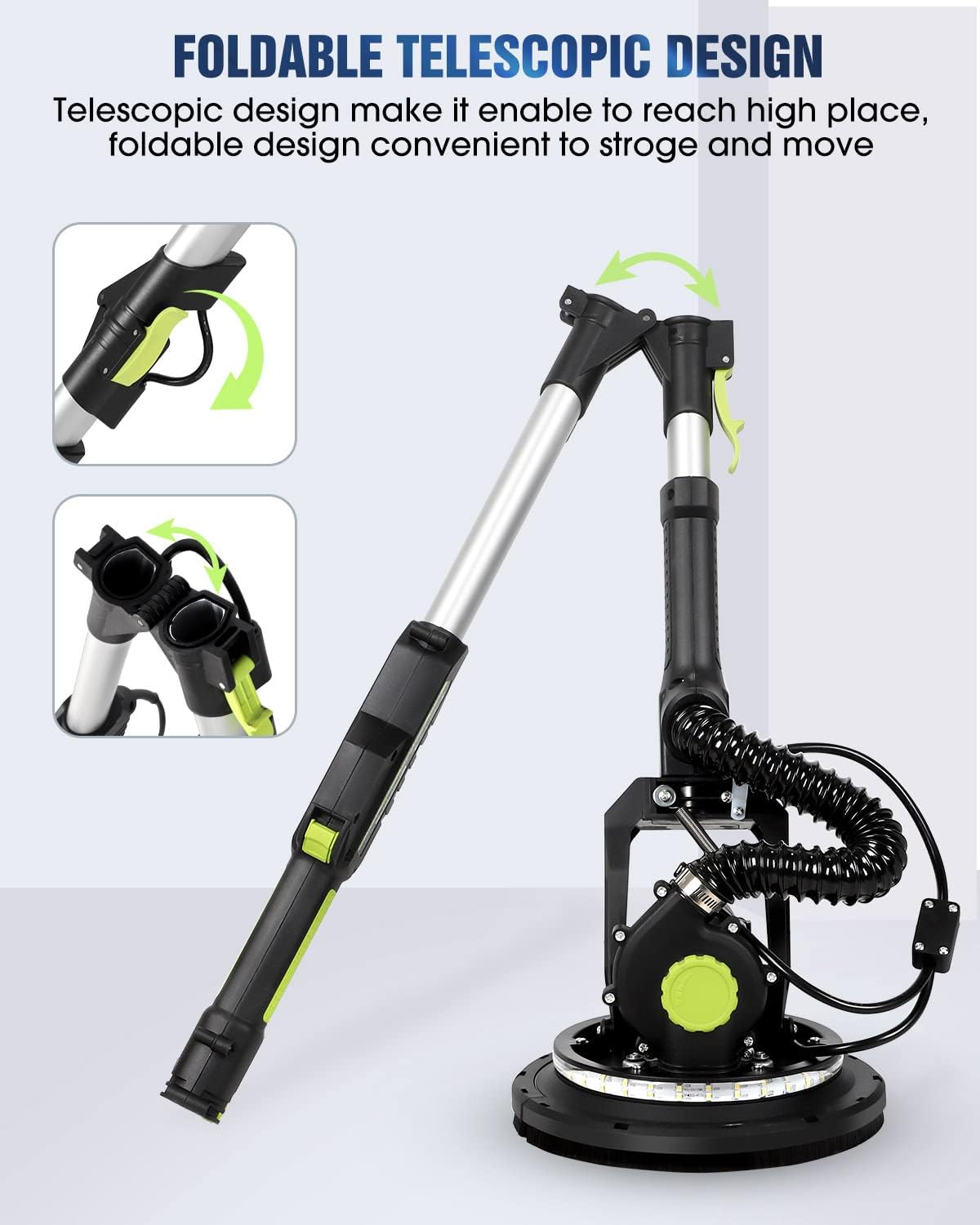 MYTOL Drywall Sander, 7.2A Electric Drywall Sander with Vacuum Dust Collection, LED Light, 6 Variable Speed Digital Display 900-1800RPM, Foldable & Extendable Handle