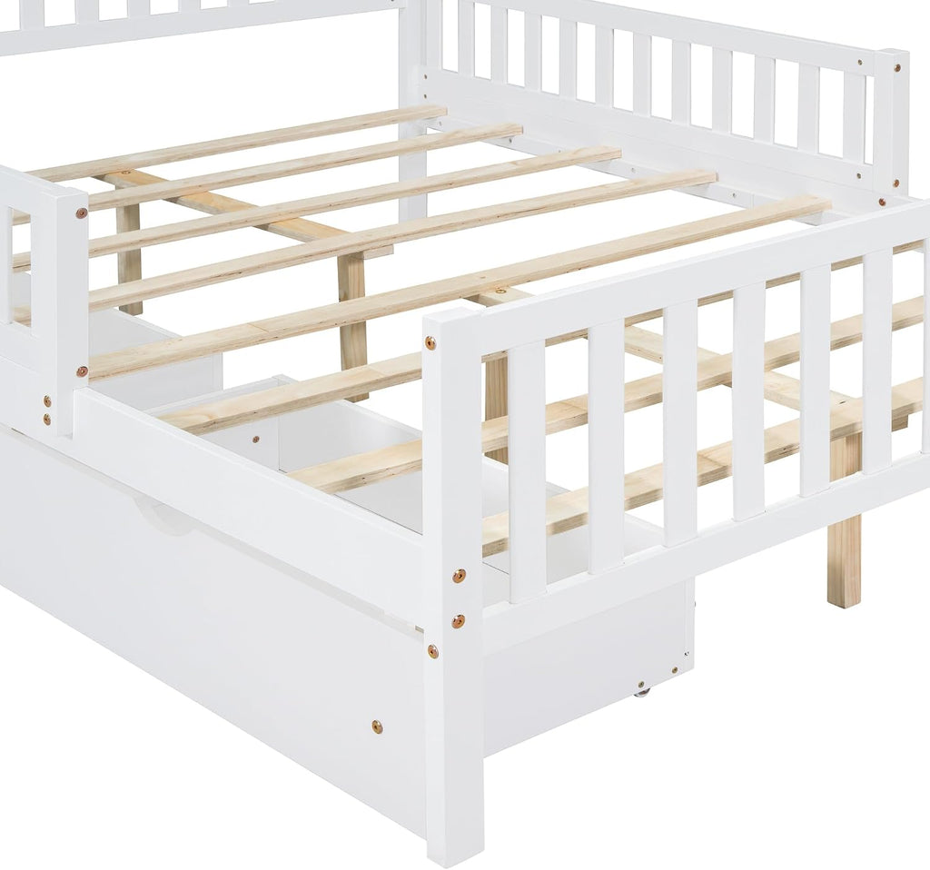 Kids Full Size Bed Frame with Storage Drawers, Wood Full Bed Frames for Kids, Full Bed Frame with Headboard and Footboard for Boys Girls, No Box Spring Needed,White