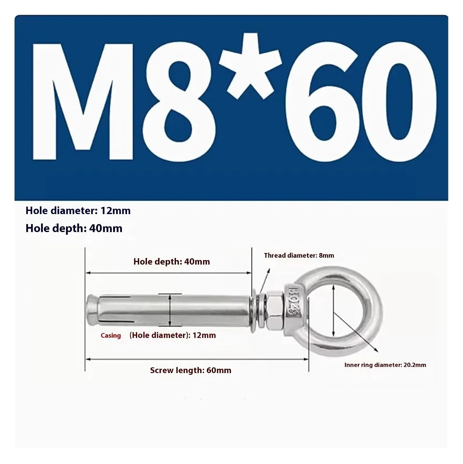 Anchor Bolts,Expansion Bolt, 5Pcs Stainless Steel Universal Ring Expansion Screw Sleeve Anchor Concrete Eye Bolt Installation Artifact Long Hook(M8*60MM)