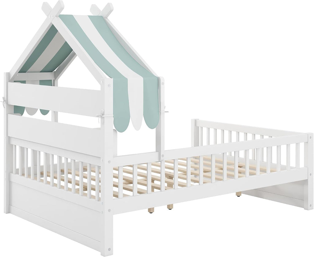 Merax Twin Size House Bed with Storage Headboard Shelf & Removable Canopy, Wooden Platform Bed Frame with Guardrail for Boys Girls Teens Bedroom Use, No Box Spring Needed, White