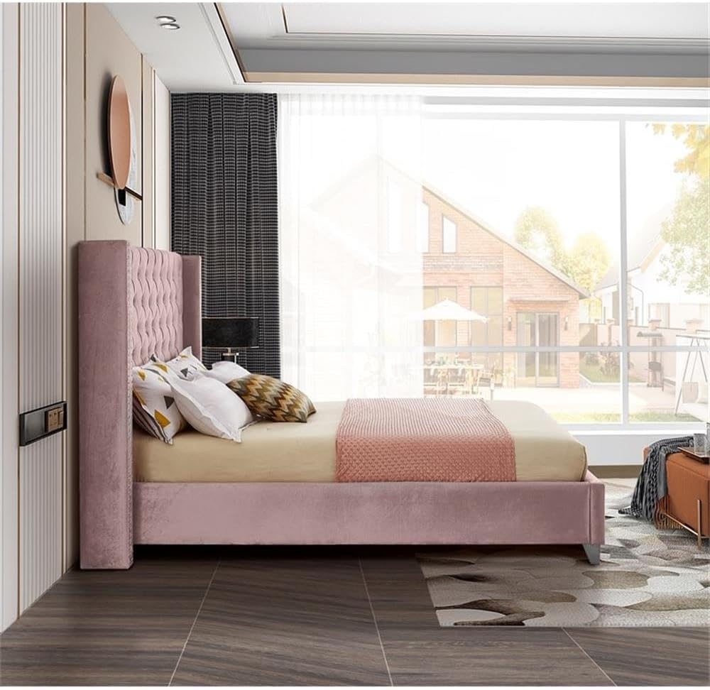 Meridian Furniture Aiden Collection Modern | Contemporary Velvet Upholstered Bed with Deep Button Tufting, Solid Wood Frame, and Custom Chrome Legs, King, Pink