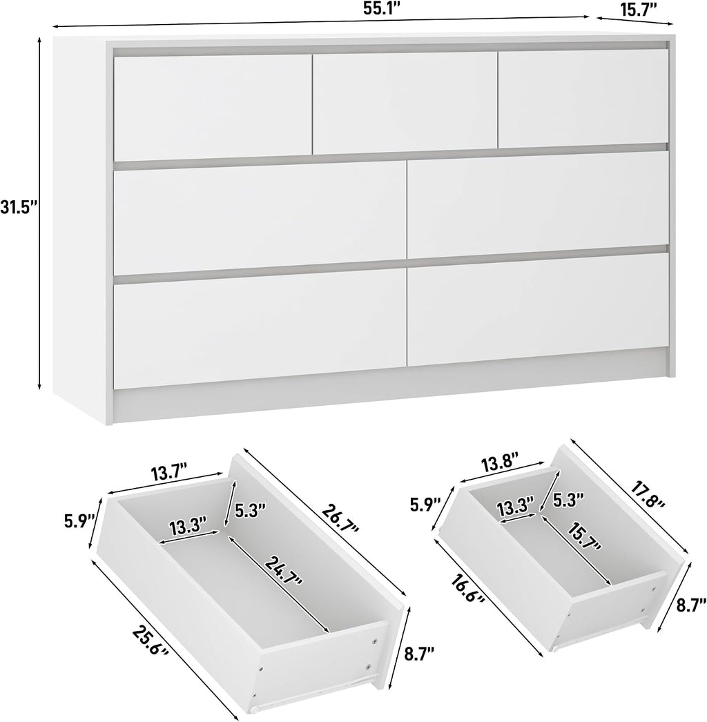 jiteentarou White Malm Dresser for Bedroom, 55 Inch Full High Gloss Dresser with 7 Drawers, Modern Large Wood Chest of Drawer Handle Free, Living Room, Entryway, Hallway, White