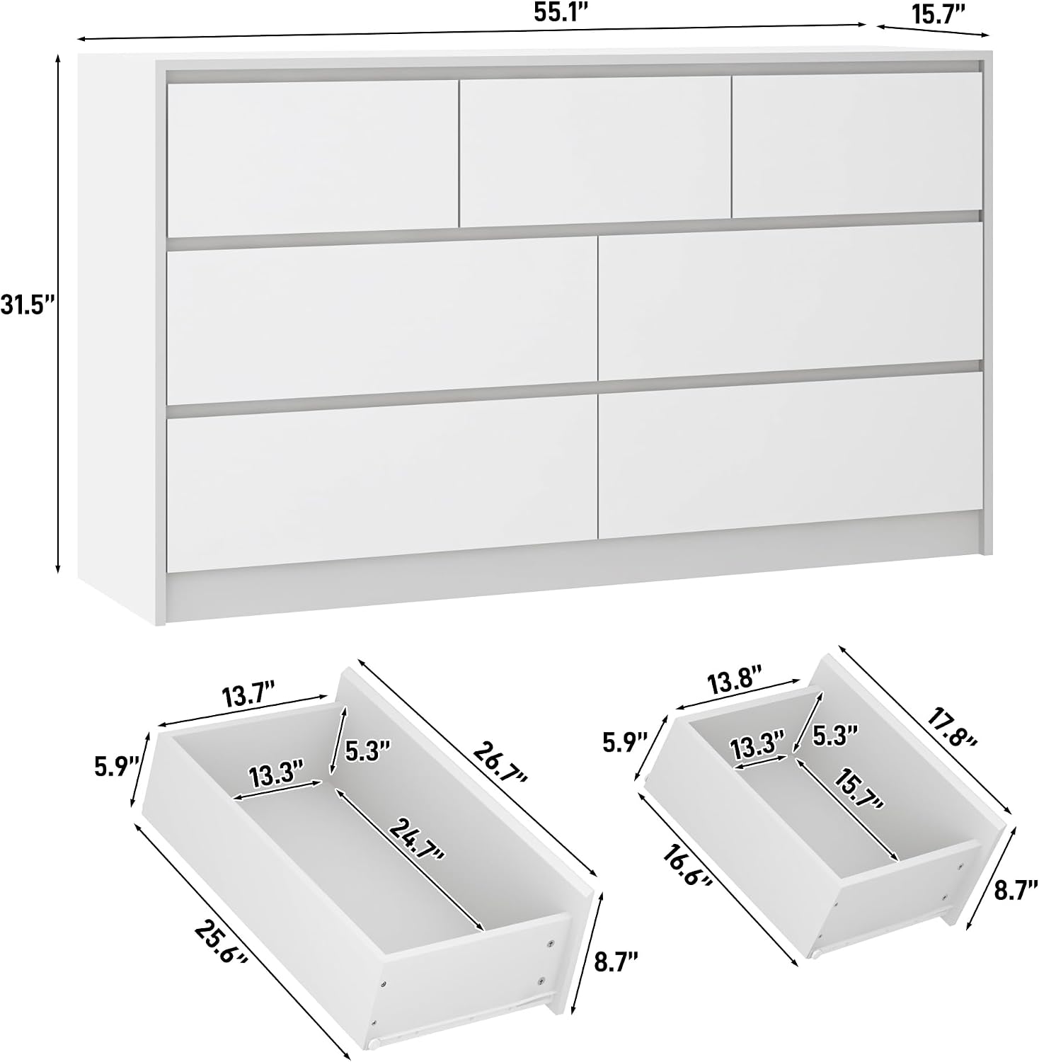 jiteentarou White Malm Dresser for Bedroom, 55 Inch Full High Gloss Dresser with 7 Drawers, Modern Large Wood Chest of Drawer Handle Free, Living Room, Entryway, Hallway, White
