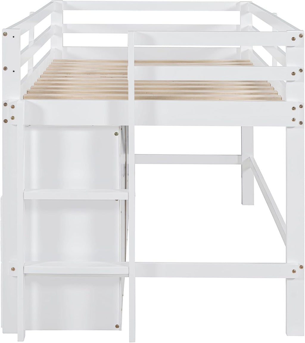 JIVOIT Twin Size Loft Bed with 4 Drawers, Underneath Cabinet and Shelves, Muti-Functional Loft Bed with Full-Length Guardrails and Ladder, Space-Saving Low Loft Bed for Kids Teens (White & 4 Drawers)