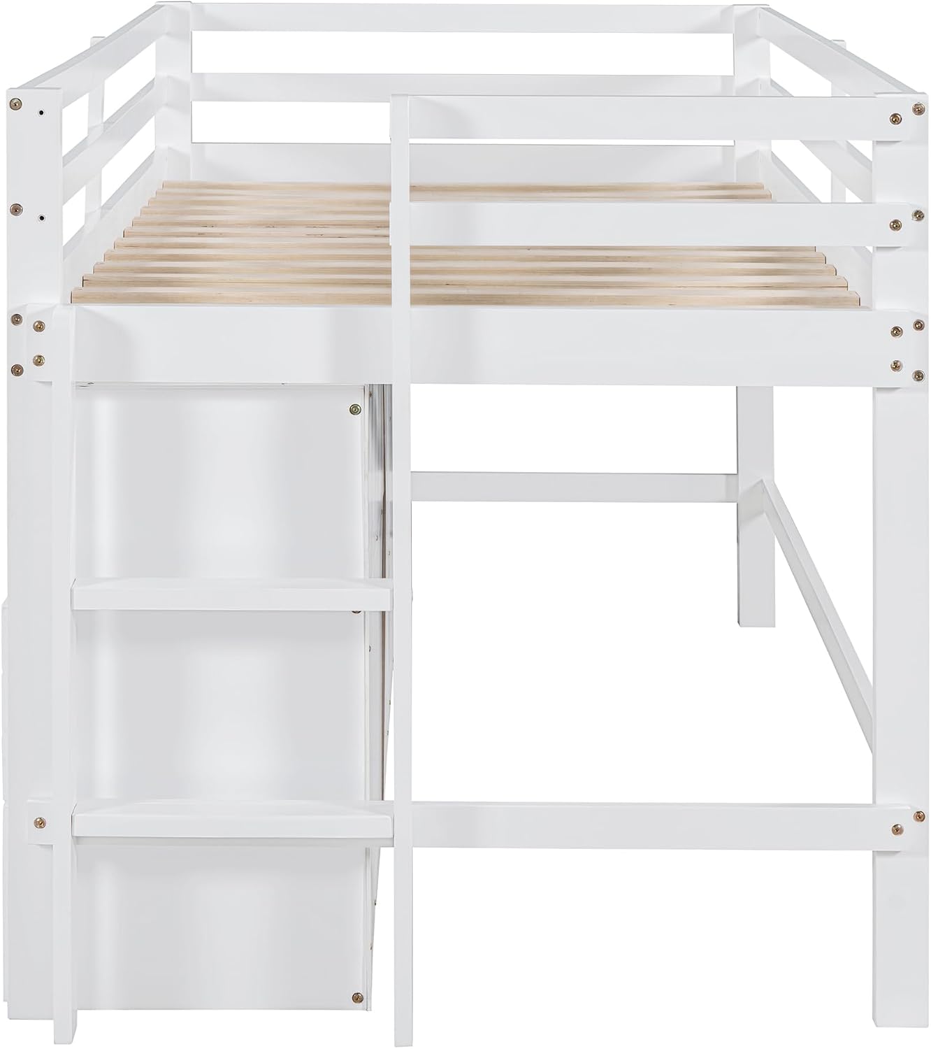 JIVOIT Twin Size Loft Bed with 4 Drawers, Underneath Cabinet and Shelves, Muti-Functional Loft Bed with Full-Length Guardrails and Ladder, Space-Saving Low Loft Bed for Kids Teens (White & 4 Drawers)