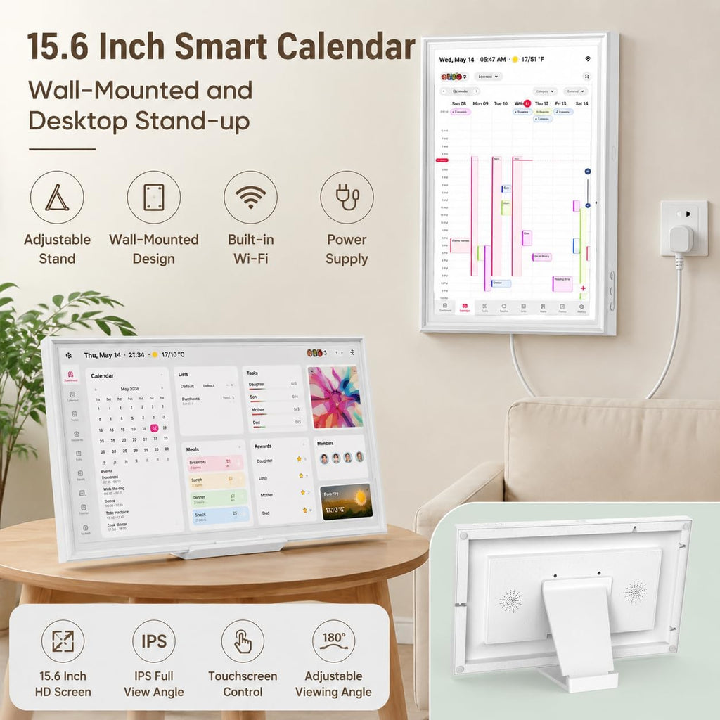 15.6 Inch Digital Calendar Wall Touch Screen, Smart Family Calendar & Chore Chart for Kids, 1080P Full HD Electronic Planner, Digital Picture Frame, Wall & Desk Mountable