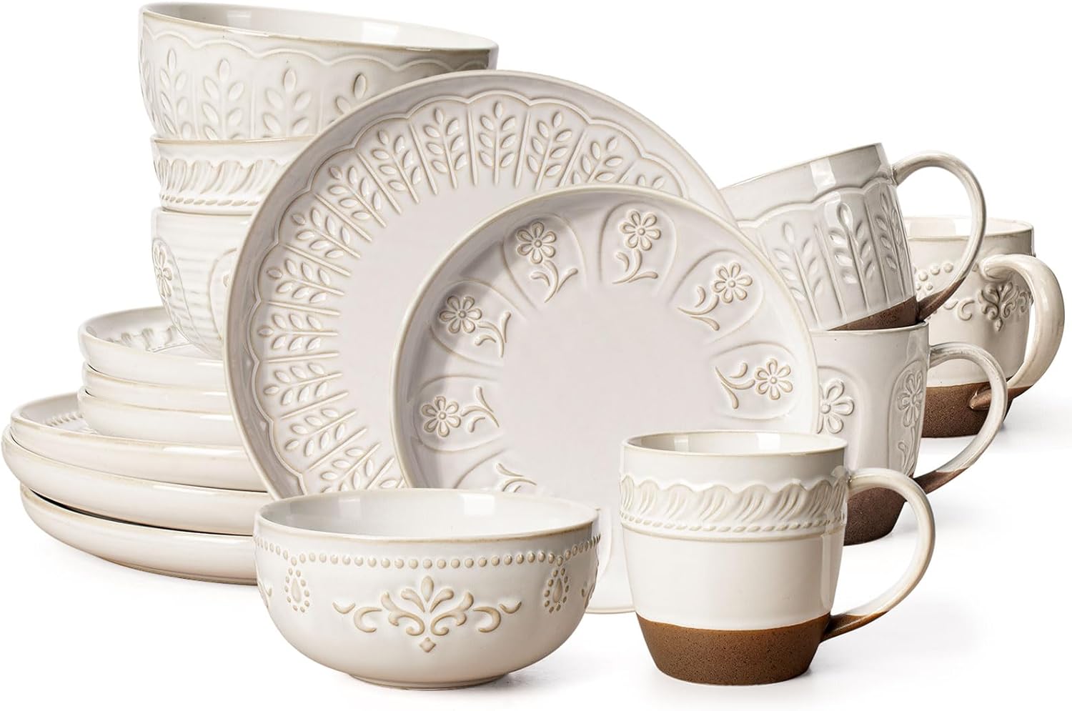 Artena Plates And Bowls Sets, 16 Pieces Dinnerware Sets, Dish Set For 4, Ceramic Kitchen Bowl And Plate Set, Embossed White Dishware Sets, Dishwasher & Microwave Safe (Multiple Patterns) (With Mugs)