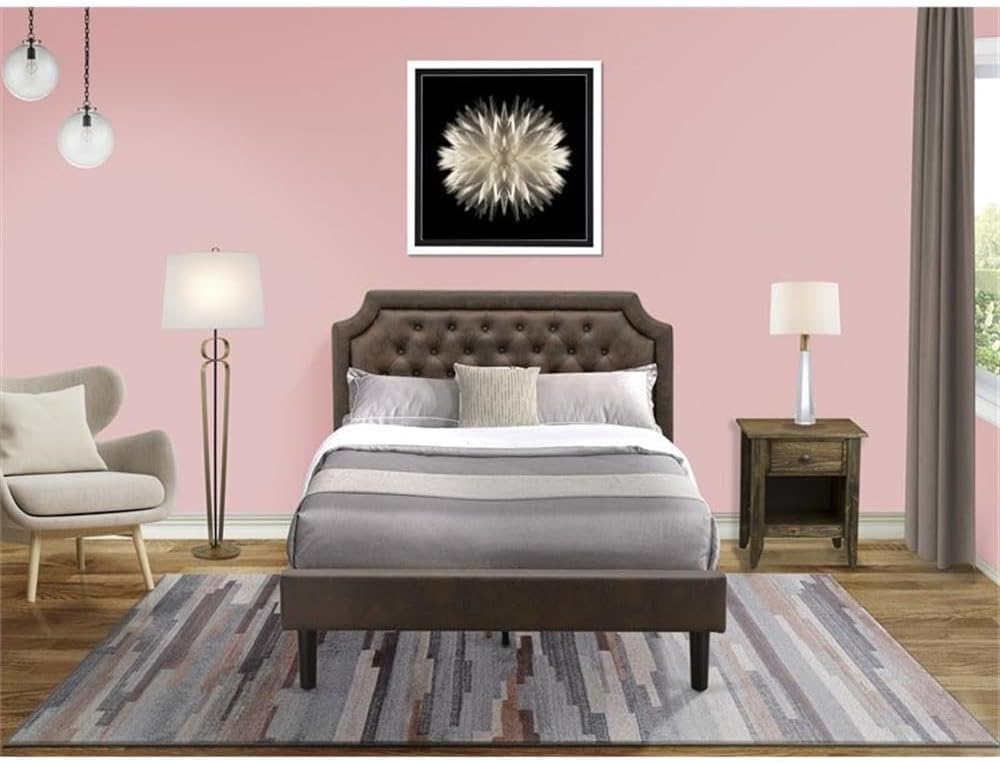 East West Furniture GB25F-1GA07 2-Piece Granbury Bedroom Set with Button Tufted Full Bed Frame and a Distressed Jacobean End Tables - Dark Brown Faux Leather with Black Texture and Black Legs