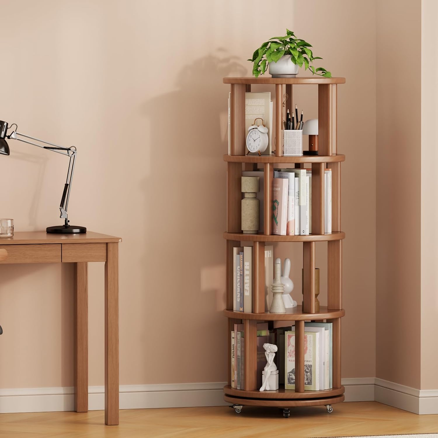 Muwuele Solid Wood Rotating Bookshelf on Wheels, 4 Tier, Round Revolving Bookcase, 360° Spinning Book Shelf Tower for Kids, Narrow Rolling Bookshelves for Small Space, Corner, Bedroom, Office, Walnut
