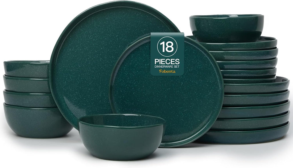 FOBENTA 18-Piece Moss Green Plates and Bowls Set,Nature-Inspired Ceramic Dinnerware Sets for 6 – Dish Set for Slow Living & Gentle Rituals