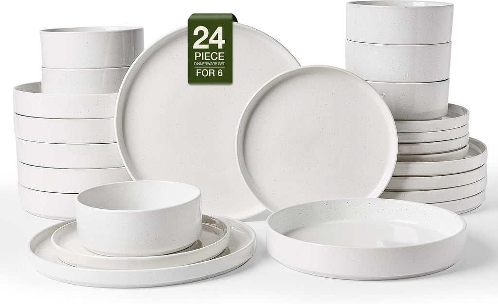 Famiware Nebula Dinnerware Sets with Pasta Bowls, Service for 6 (24 Pieces), Fine Stoneware Plates and Bowls Sets, Microwave and Dishwasher Safe Dishes Set, White
