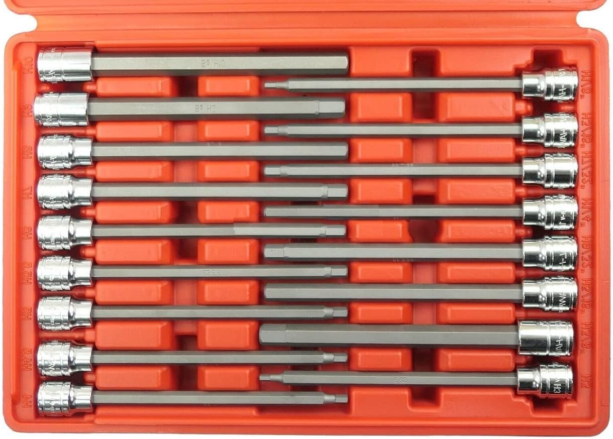 17pc 3/8' DR CR-V/S-2 Material LONG Extension SAE+Metric HEX KEY BIT SOCKET SET