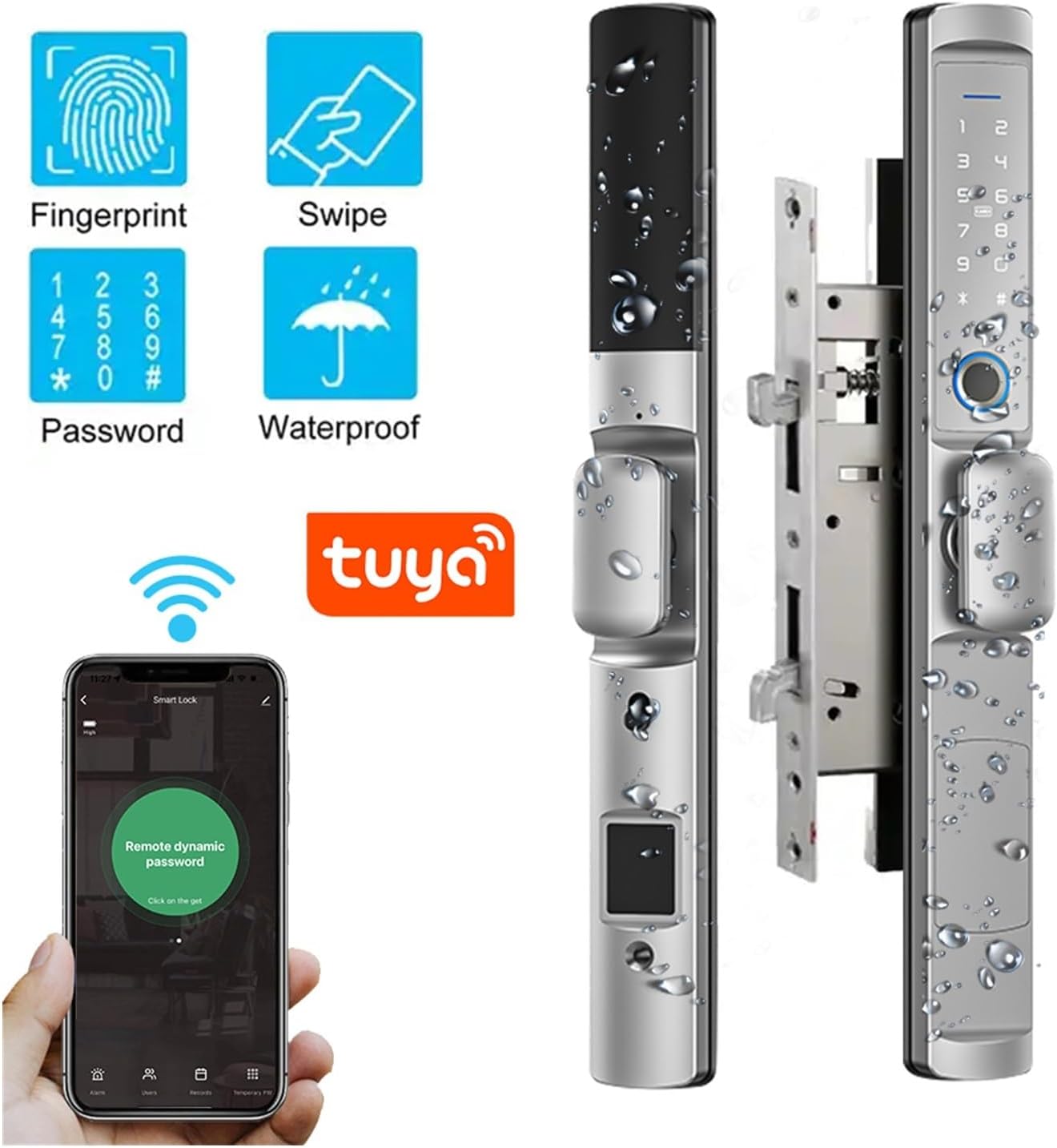 MiJob Tuya Waterproof Door Lock for Bridge Aluminum Outdoor Pull Push Sliding Door with WiFi Smart App Control Fingerprint Card Code (Color : Black smart Lock, Size : 22 * 240(3085))