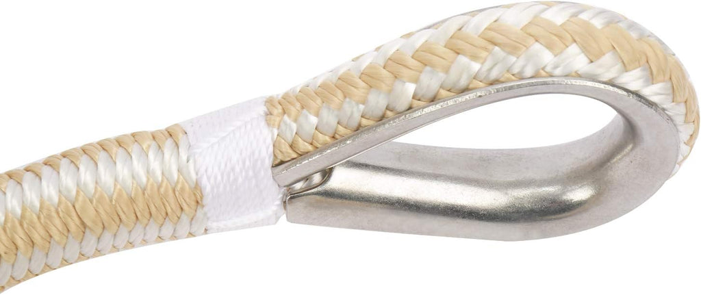 NovelBee 1/2 Inch X 600 Feet Double Braid Nylon Anchor Line with Stainless Steel Thimble and Wood Chuck (White/Gold)