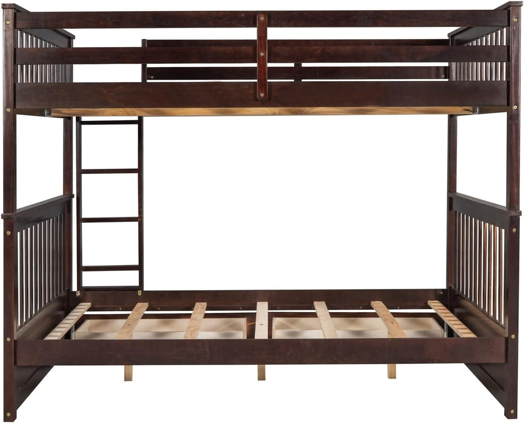 Kids Twin Bunk Bed, Full Size Bed Frame with Drawers Full Over Full with 2 Drawers Ladder and Rail Guard Wood Slats for Boys and Girls Bedroom