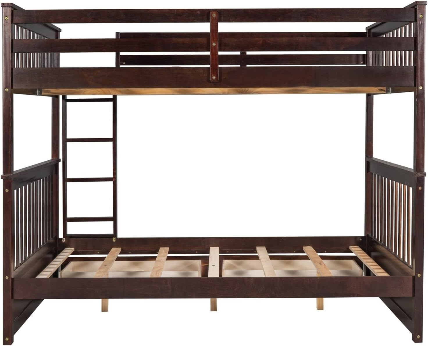 Kids Twin Bunk Bed, Full Size Bed Frame with Drawers Full Over Full with 2 Drawers Ladder and Rail Guard Wood Slats for Boys and Girls Bedroom