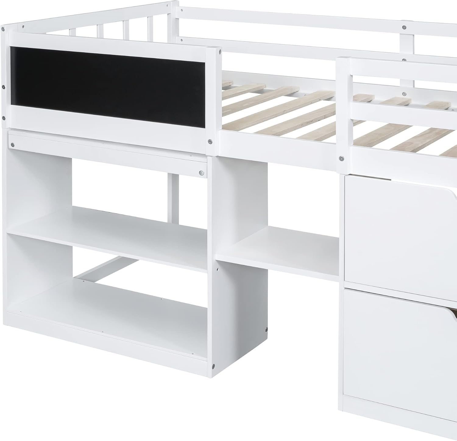 JIVOIT Wooden Low Loft Bed Frame with Rolling Desk, Two Drawers and Two-Tier Bookshelf, Twin Size Loft Bed with Blackboard, Full-Length Guardrail and Built-in Stair (White with Rolling Desk 013)