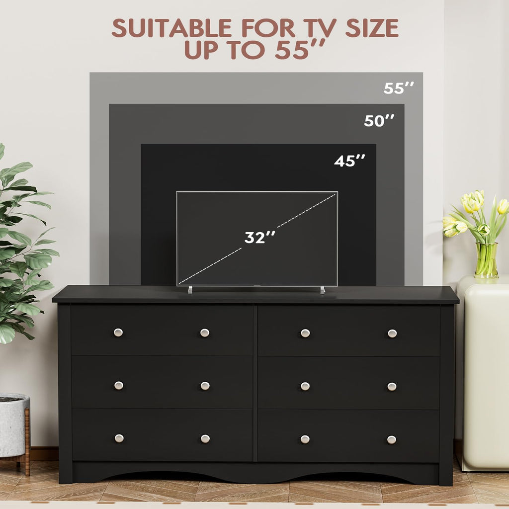 YESHOMY Dresser for Bedroom with 6 Drawer, Wood Wide Chest Storage Organizer and TV Stand for Living Room, Hallway, Dormitory, Black