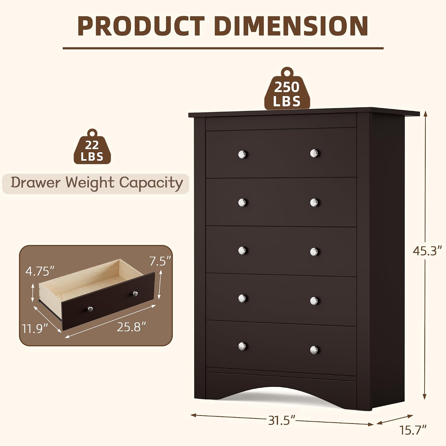 YESHOMY Tall Dresser for Bedroom with 5 Drawers, Modern Chest of Drawers, Wooden Dressers, TV Stand for Living Room,Closet, Hallway (Brown)