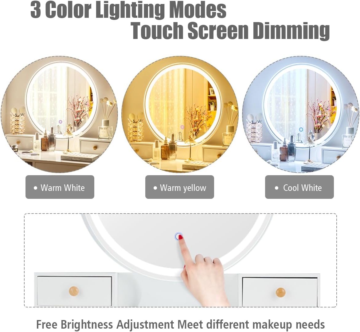CHARMAID Vanity Set with Lighted Mirror, 3 Color Touch Screen Dimming Mirror, Adjustable Brightness, Bedroom Makeup Dressing Table with 4 Drawers and Cushioned Stool for Girls Women, White & Gray