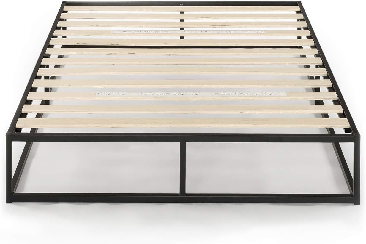 Mellow Modernista Low Profile 10 Inch Metal Platform Bed Frame with Classic Wooden Slat Support Mattress Foundation (No Box Spring Needed), Twin, Black