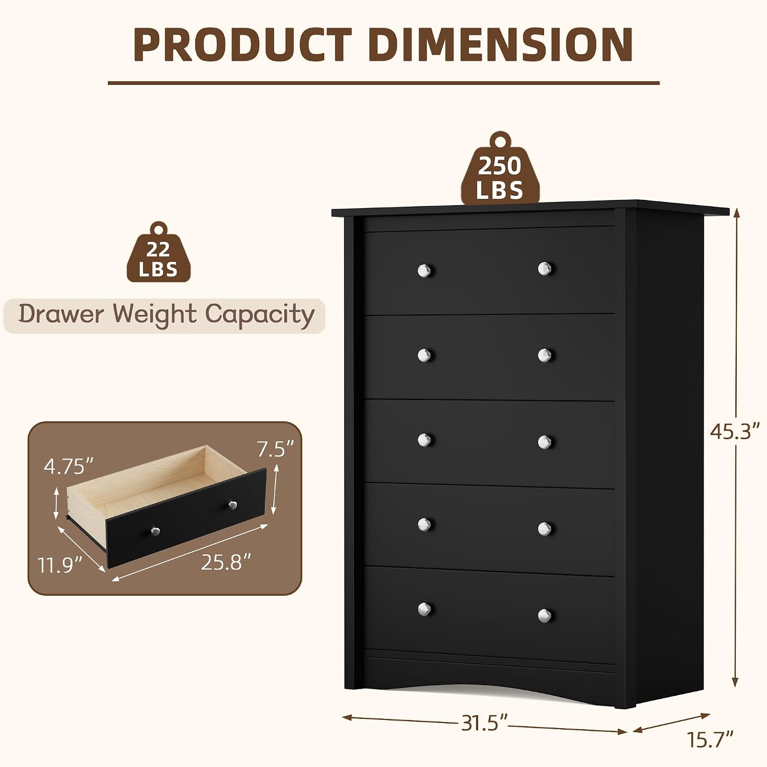 YESHOMY Tall Dresser for Bedroom with 5 Drawers, Modern Chest of Drawers, Wooden Dressers, TV Stand for Living Room,Closet, Hallway (Black)