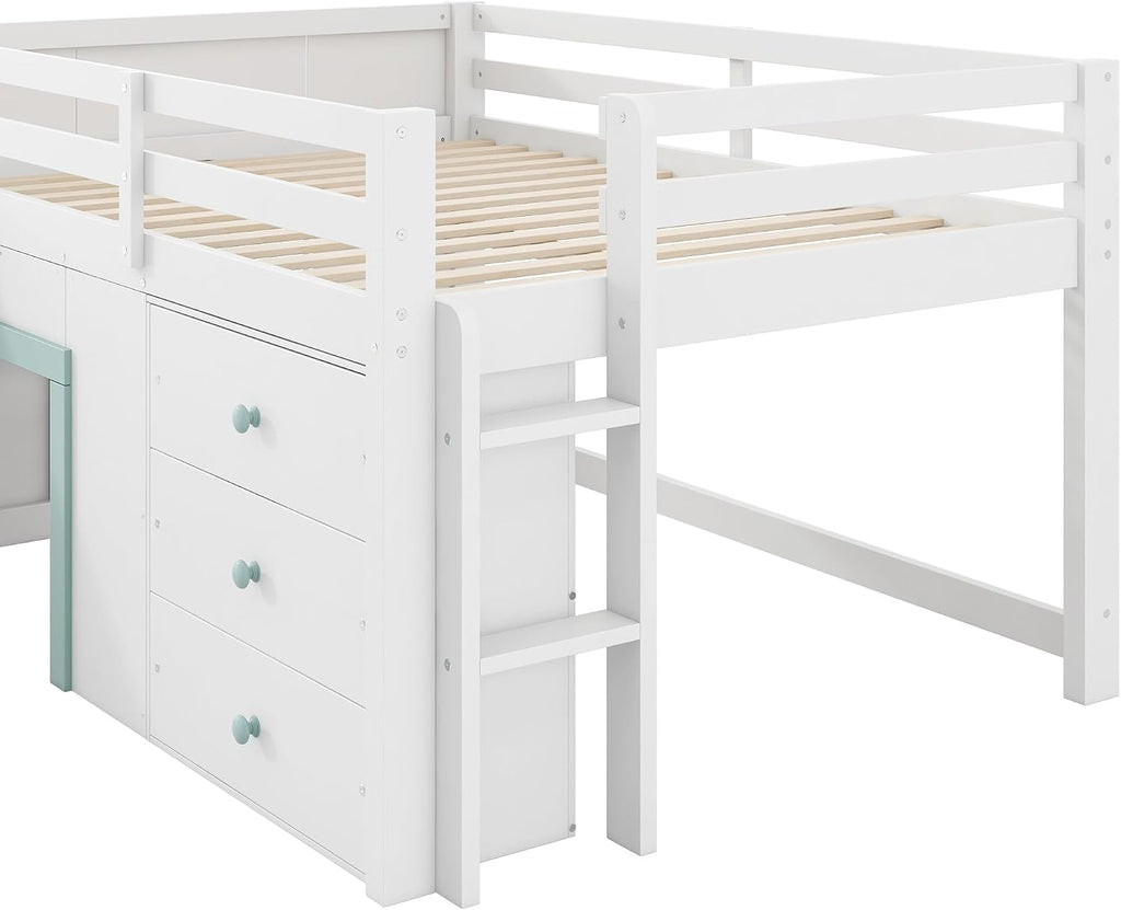 JIVOIT Wooden Low Loft Bed with Slide, Full Size Loft Bed with Three Storage Drawers and Two Doors, Wood Slat Support, No Box Spring Required