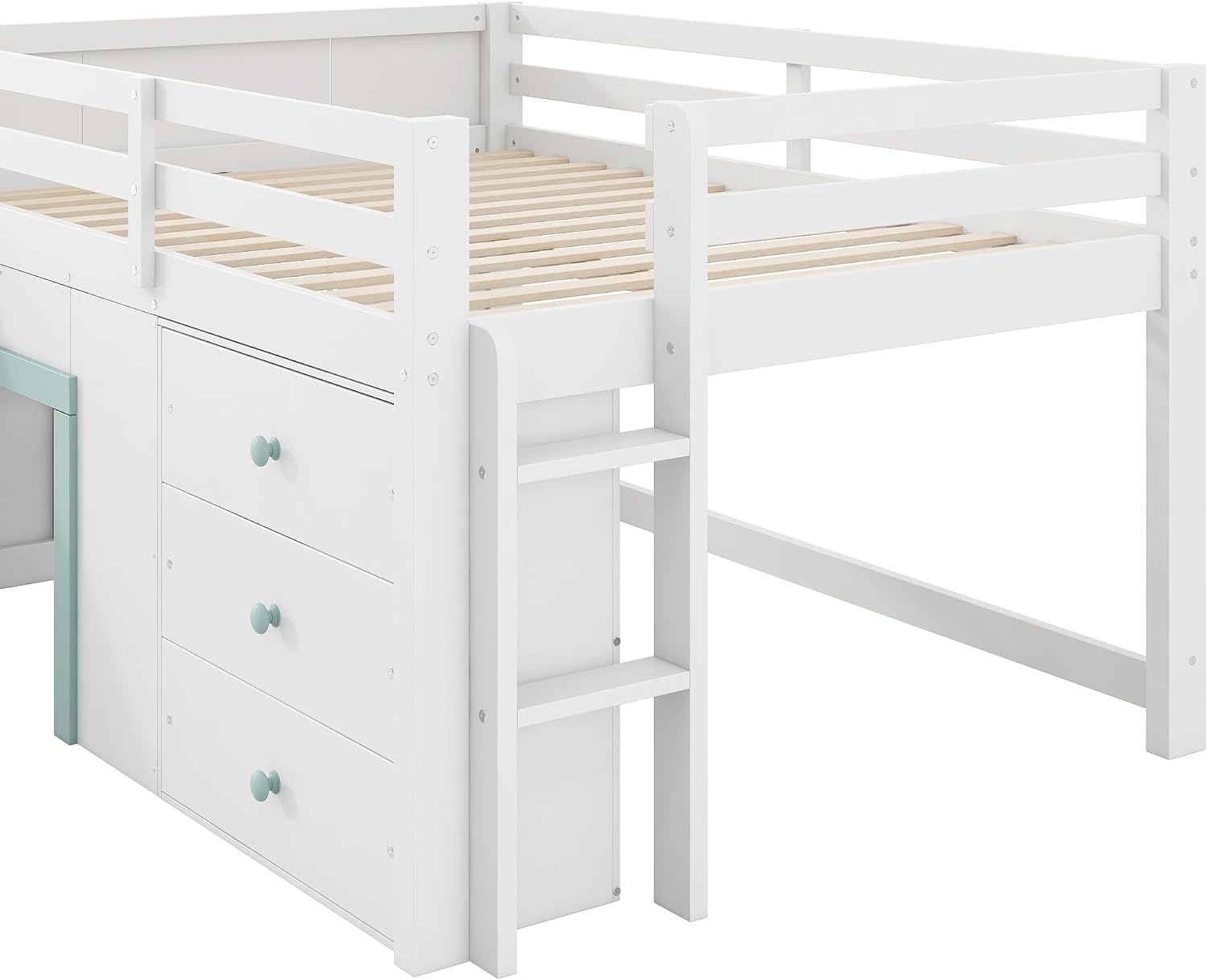JIVOIT Wooden Low Loft Bed with Slide, Full Size Loft Bed with Three Storage Drawers and Two Doors, Wood Slat Support, No Box Spring Required