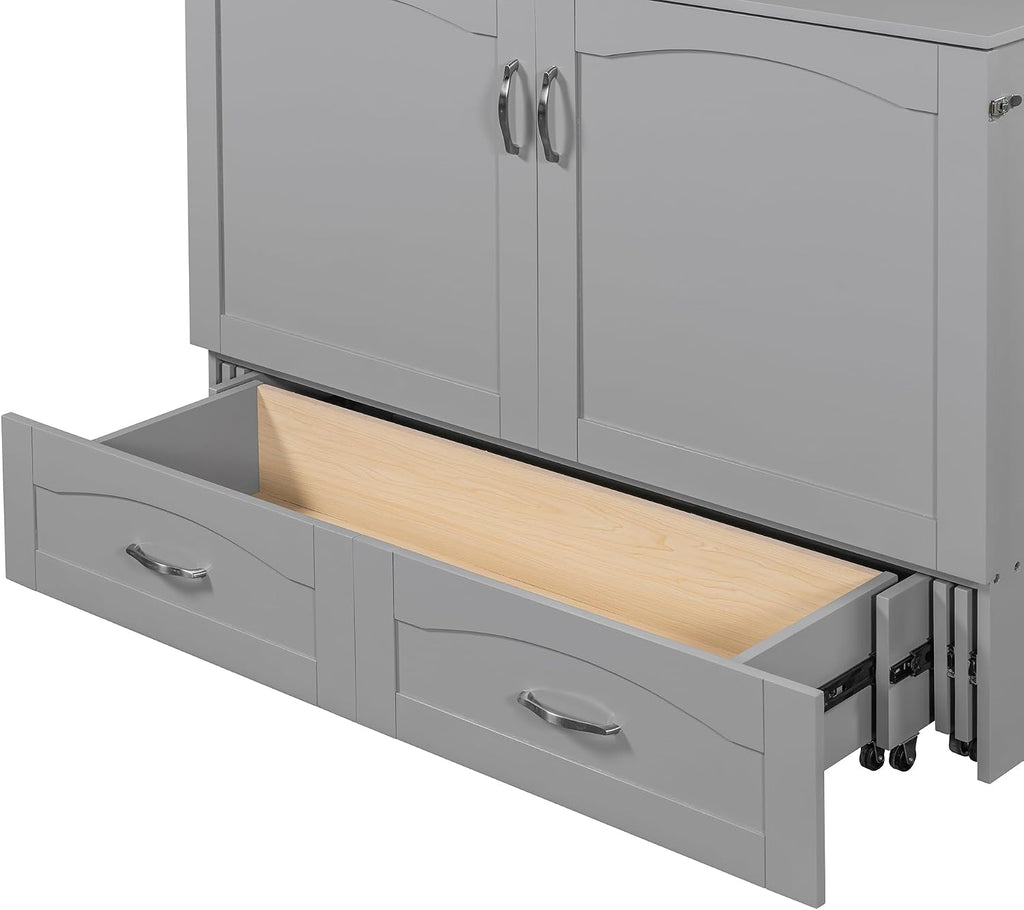 Full Size Murphy Wall Bed with Drawer and a Set of Sockets & USB Ports,Modern Bed Frame with Pulley Structure Design for Kids Teen Girls Boys Adults Bedroom Furniture (Gray-46, Full)