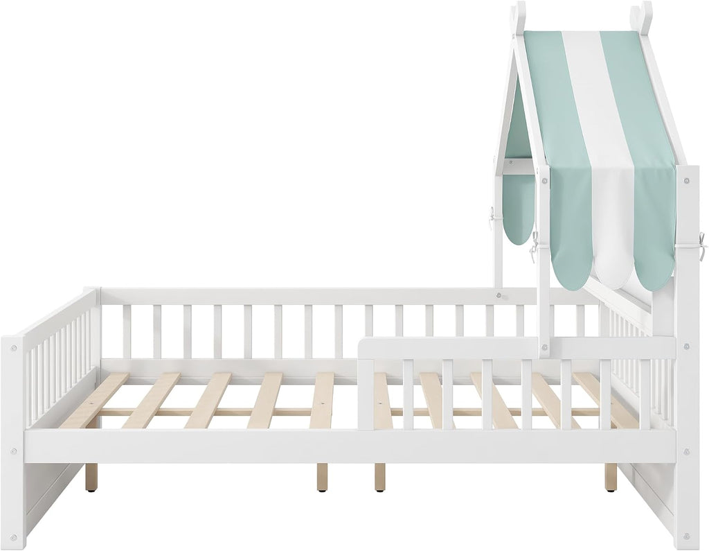 Merax Twin Size House Bed with Storage Headboard Shelf & Removable Canopy, Wooden Platform Bed Frame with Guardrail for Boys Girls Teens Bedroom Use, No Box Spring Needed, White