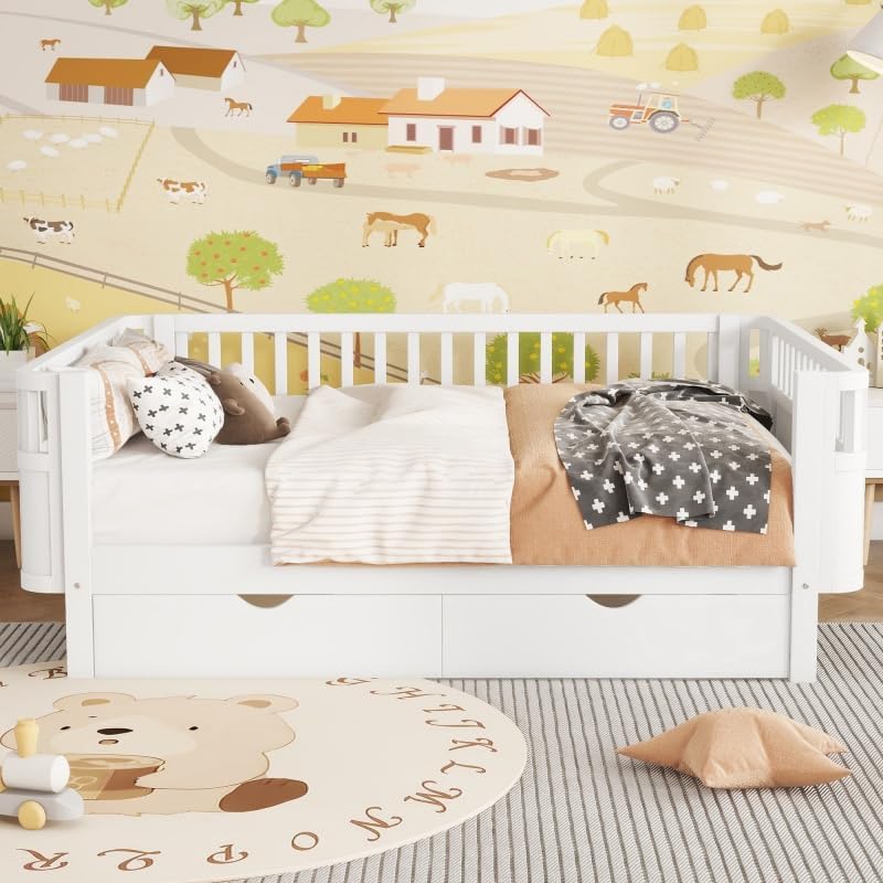 JIJIWANG Full Size Floor Bed with Storage, Montessori Floor Bed with Slats, Detachable Slats for Kids Bedroom, Girls & Boys, No Box Spring Needed, White
