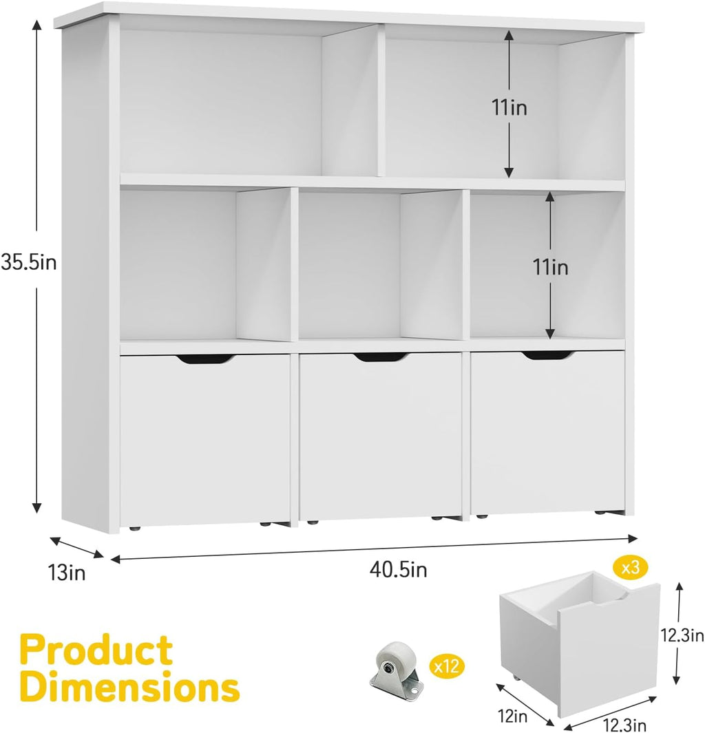 Teckid 2-in-1 Kids Bookshelf and Toy Storage Organizer, Kids Storage Cabinet with 5 Open Cubbies and 3 Rolling Drawers, Multifunctional Toy Chest for Playroom Bedroom Living Room, White