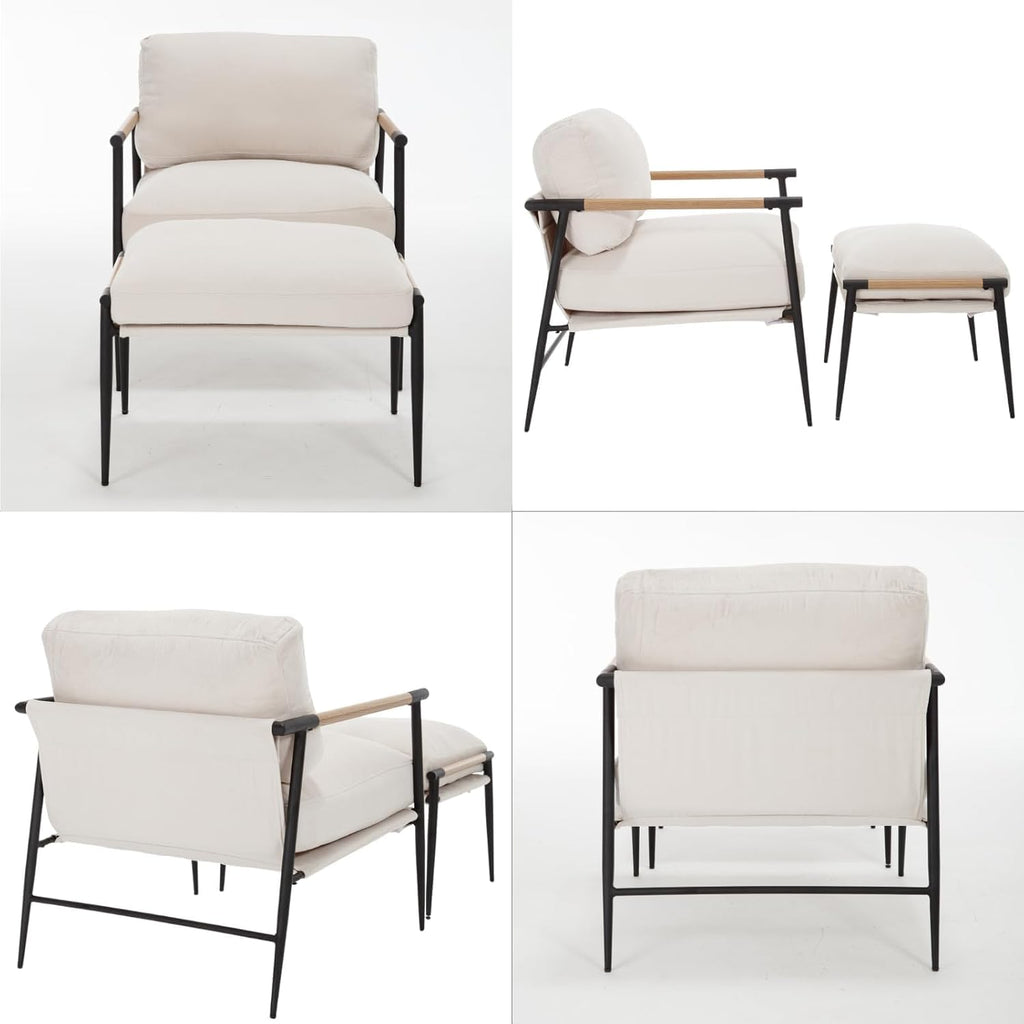 DUOMAY Mid Century Modern Accent Chair with Ottoman Set, Chenille Beige Upholstered Living Room Chair with Metal Legs Lazy Lounge Chair Set with Footrest for Bedroom Living Room