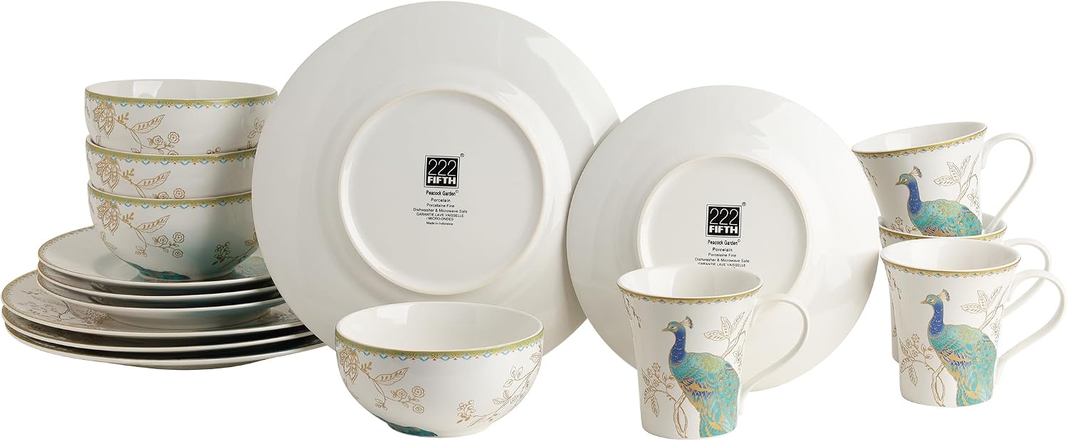 222 Fifth 16-Piece Porcelain Dinnerware Set for 4, Elegant Plates and Bowls Sets-White, Teal, Gold Ceramic Dishes, Chip Proof Kitchen and Dining Dish Set, Microwave & Dishwasher Safe, Peacock Garden