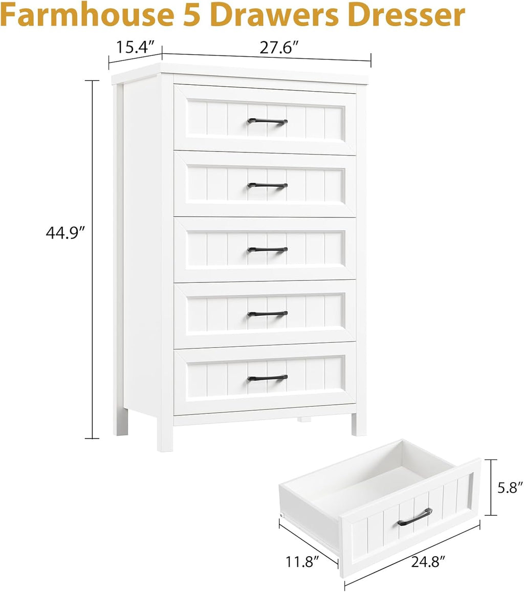 Jocoevol 5 Drawer Dresser for Bedroom - Farmhouse 44.9' Tall Chest of Dresser with Large Storage, Rubst Wood Construction for Living Room, Hallway & Entryway - White