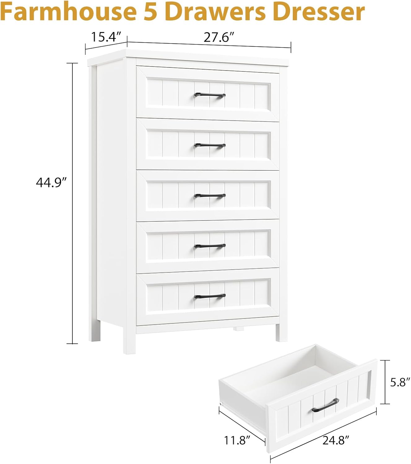 Jocoevol 5 Drawer Dresser for Bedroom - Farmhouse 44.9' Tall Chest of Dresser with Large Storage, Rubst Wood Construction for Living Room, Hallway & Entryway - White