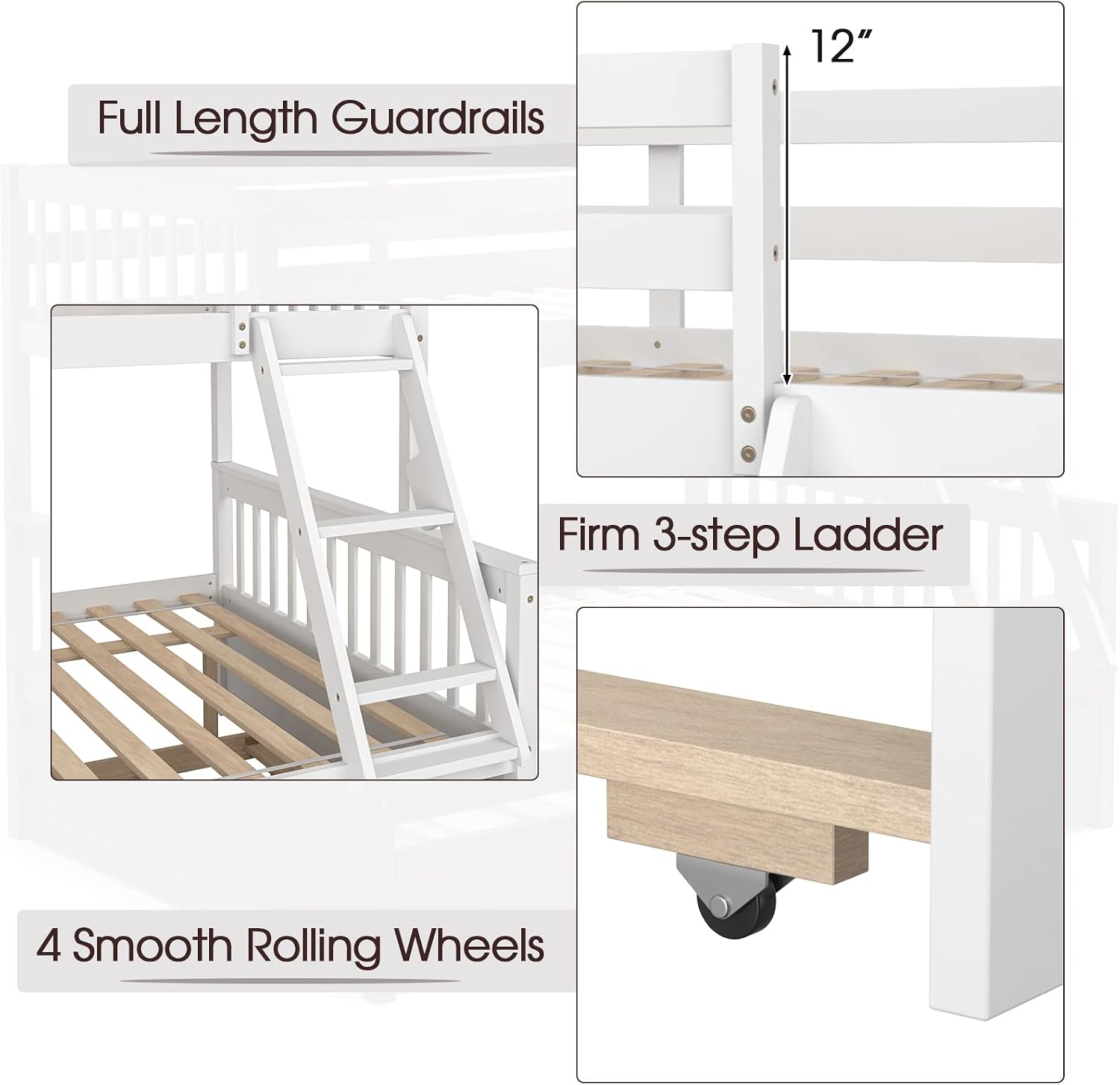 Giantex Twin Over Full Bunk Bed with Trundle, Convertible Platform Bed Frame with Ladder, Solid Wood Frame & Safety High Guardrails, Space-Saving Bunk Bed for Teens & Kids, No Box Spring Needed, White