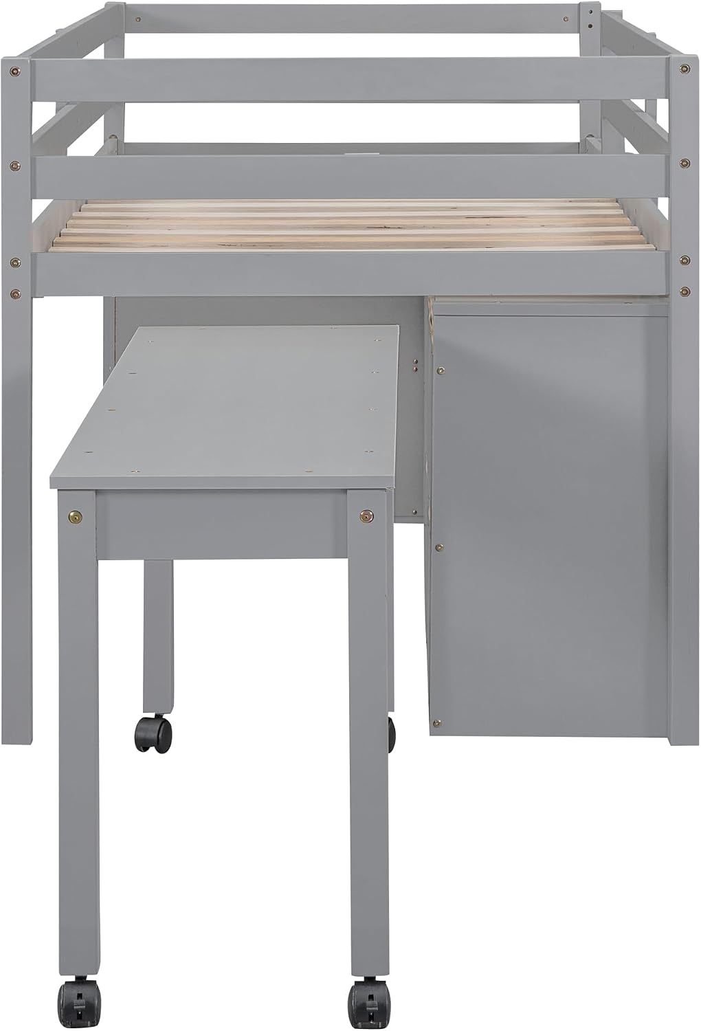 JIVOIT Twin Size Low Loft Bed with Retractable Writing Desk, Storage Bed with 4 Drawers and Shelves, Wooden Loft Bed with Lateral Portable Desk for Kids Teens Adults Bedroom (Gray,Twin,9)