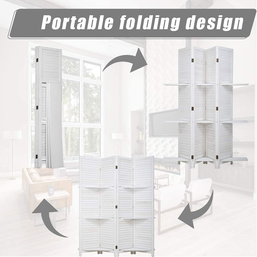 FDW 4 Panel Room Divider Folding Privacy Wooden Screen with Three Clever Shelf Portable Partition Wood Divider for Home Office, White