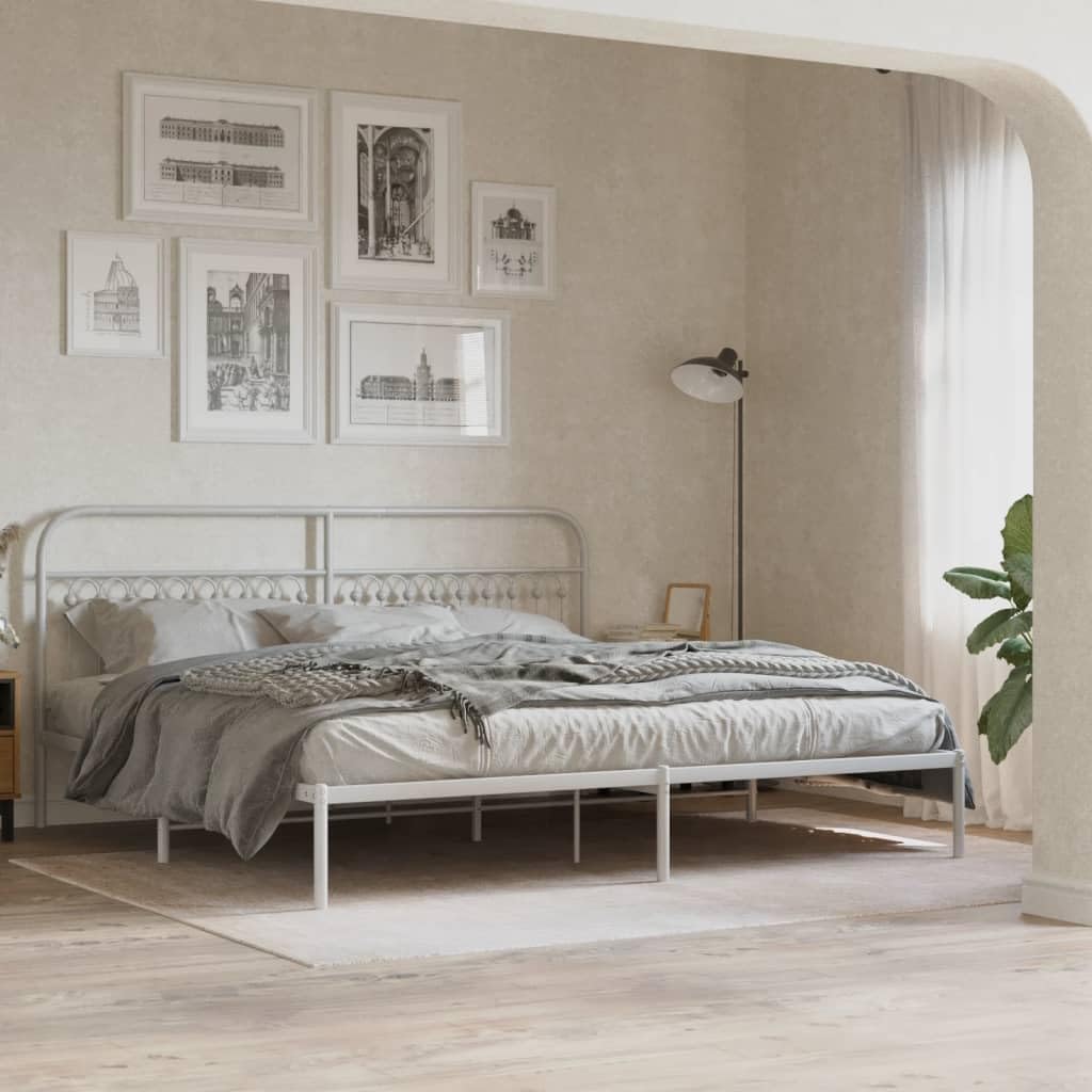 White Steel Full Bed Frame with Headboard, Traditional Rectangular Design, Sturdy Metal Construction and Easy Assembly for Bedroom, Durable Support Structure