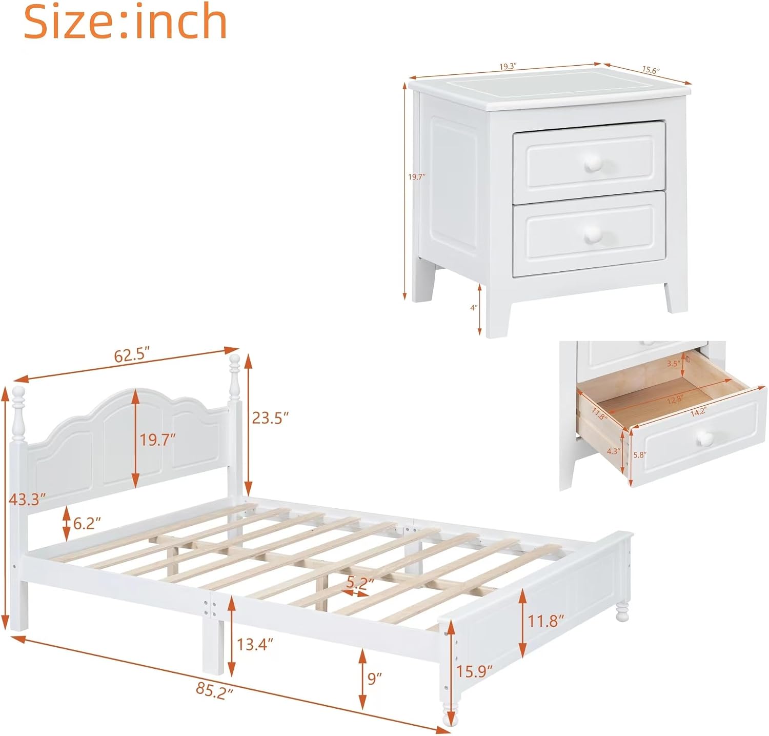 Retro 3-Pieces Bedroom Sets, Queen Size Wood Platform Bed and Two Nightstands, Mattress Foundation, Strong Wood Slat Support, Platform Bed with Headboard for Bedroom (White, Queen Bedroom Sets, 3)