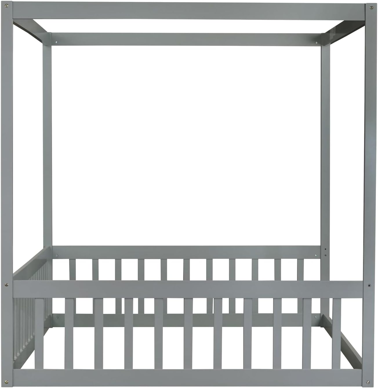 Canopy Bed Frame Full with 4 Posters and Guardrails, Rubber Wood Full Size Montessori Floor Bed with Canopy Frame, Safe and Stylish Canopy Bed Full for Kids Girls Boys,Gery